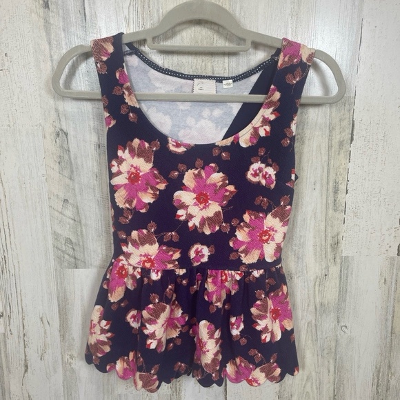 Anthropologie Tops - Anthropologie Peplum Petite Small Navy Multi Floral Scalloped Hem Sleeveless Top